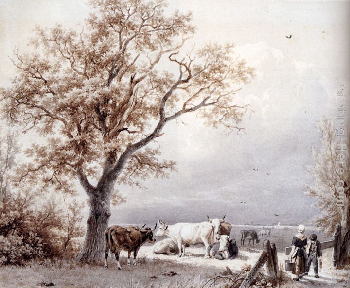Cows In A Sunlit Meadow painting - Barend Cornelis Koekkoek Cows In A Sunlit Meadow art painting